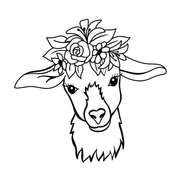 Young goat with flowers on head Black and white illustration in outline style Vector Cute Goat Face Isolated