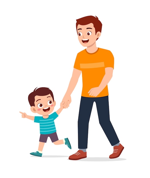 Vector young good looking father holding hand and walk with kid