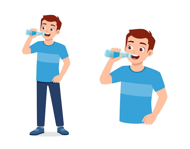 Vector young good looking man drink water on bottle