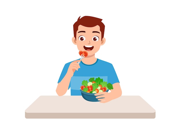 Vector young good looking man eat fruit and vegetable