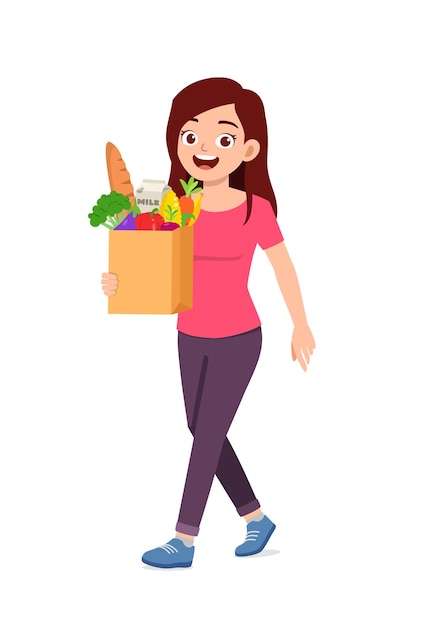 Young good looking woman carry bag full of grocery