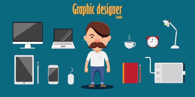 Young graphic designer man with equipment in work in cartoon style vector illustration