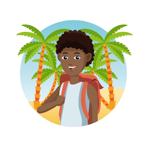 Vector young guy afro traveler palm sand beach