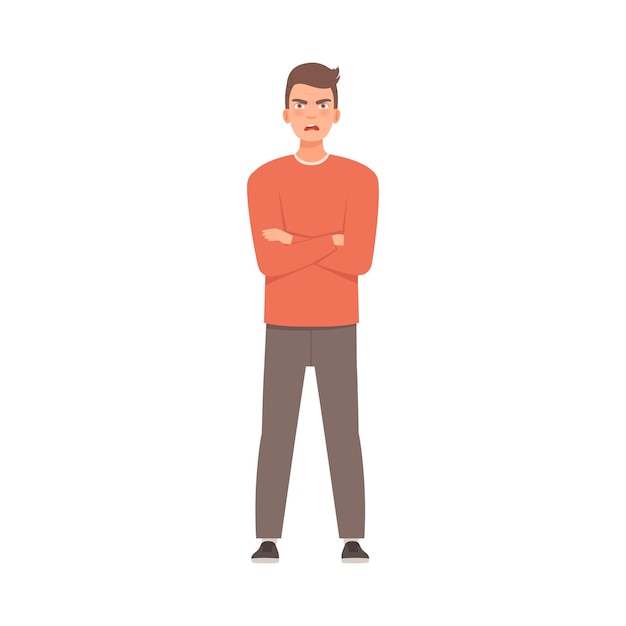 Vector young guy crossed his arms over his chest vector illustration in cartoon style