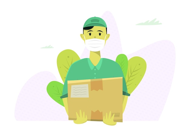 A young guy delivers a box Courier home delivery Delivery concept during pandemic in cartoon moder