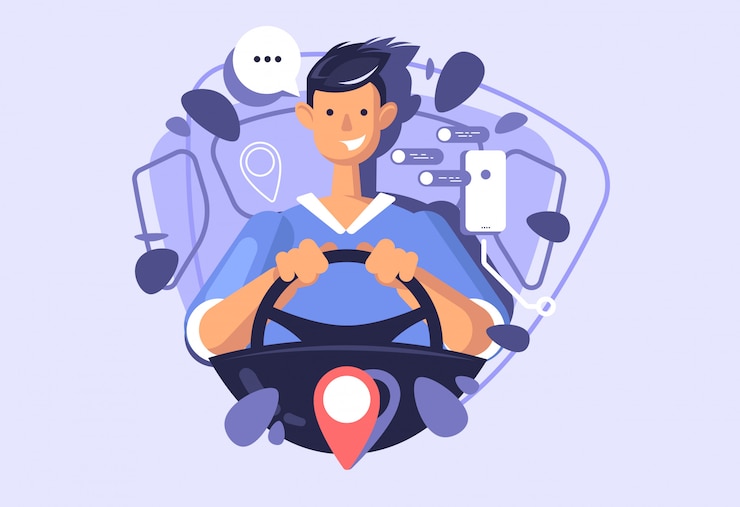 Vector a young guy driving a car. concept illustration of a carsharing or taxi service.