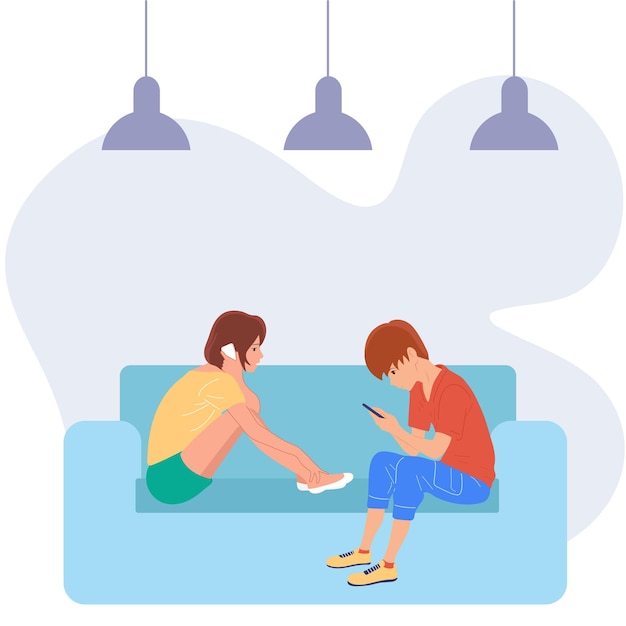 A young guy and a girl are sitting on the couch and looking at the phone cozy roomvector