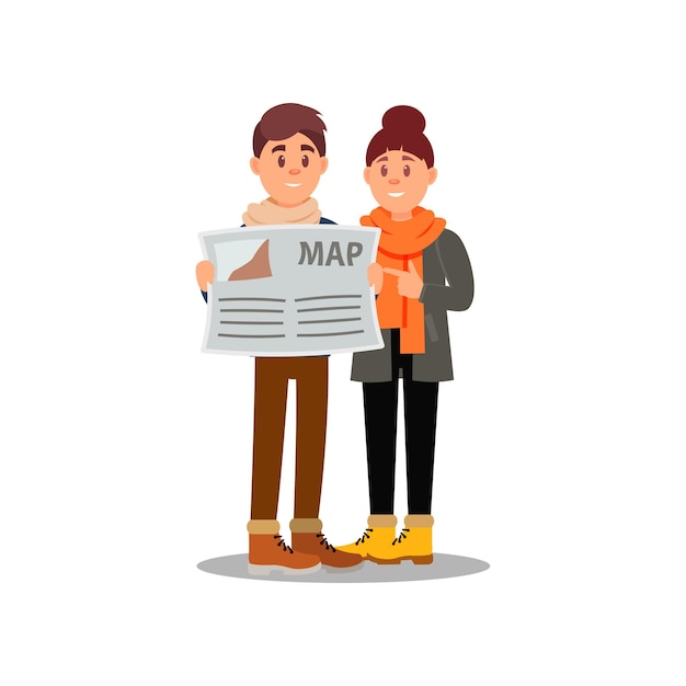 Young guy and girl looking at map Couple of tourists on vacation Family traveling Flat vector illustration