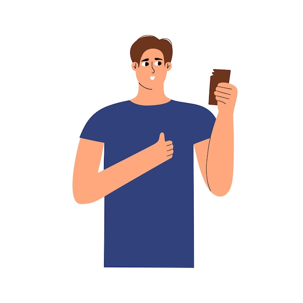 A young guy holds a bar of chocolate in his hands and shows a thumbs up gesture Vector illustration in flat style