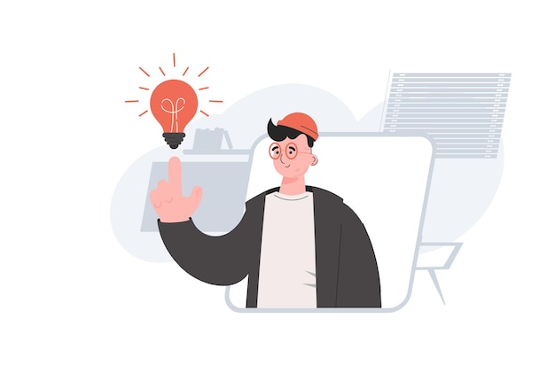 Vector a young guy is waistdeep with a light bulb idea element for presentations sites