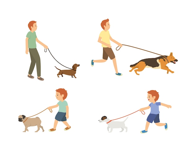 Young guy and kids walking with dogs vector set