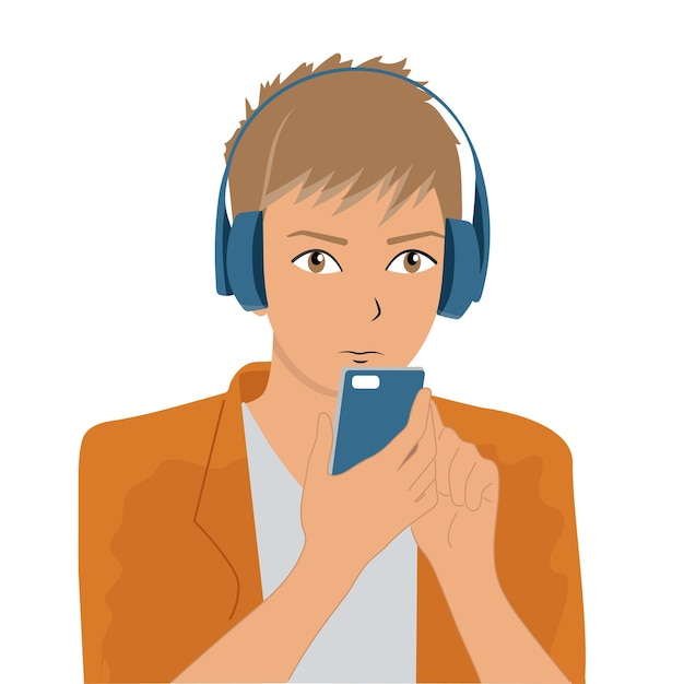 Young guy listens to music and podcasts in headphones vector flatwhite background