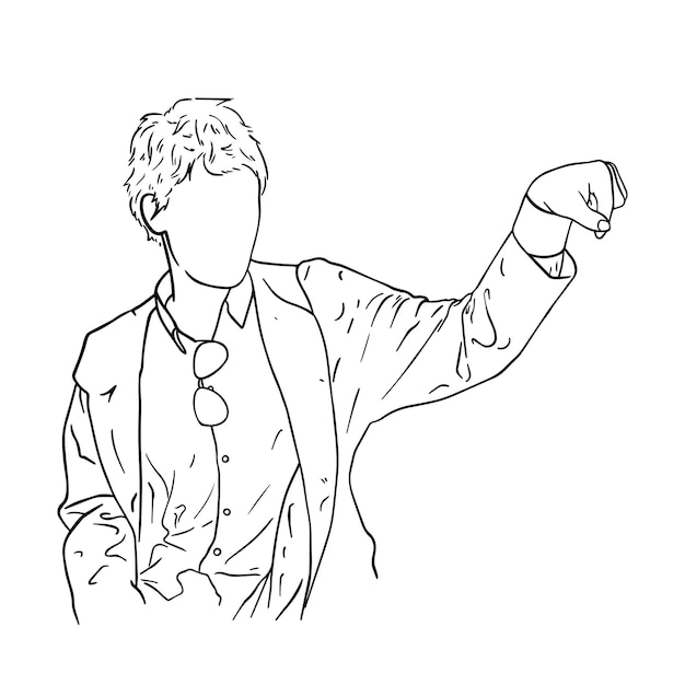 Молодой парень с короткими волосами в очках в рубашке и куртке рисует линейную мультяшную раскраску