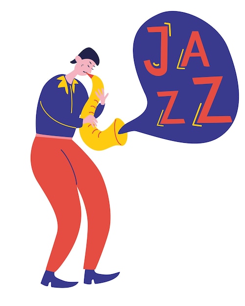 Vector young guy plays the saxophone jazz music talented musician performance saxophone player