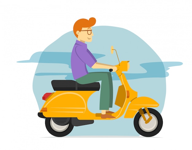 Vector young guy riding yellow scooter motorcycle