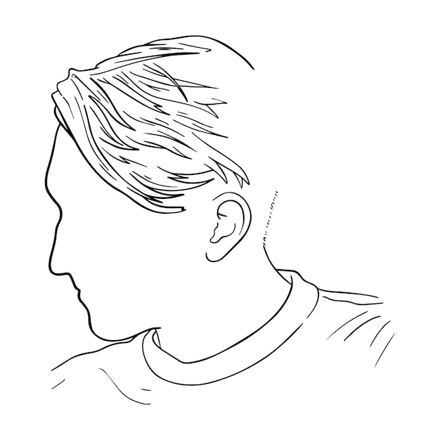 Молодой парень с длинной челкой в куртке смотрит в сторону, рисуя линейный мультфильм