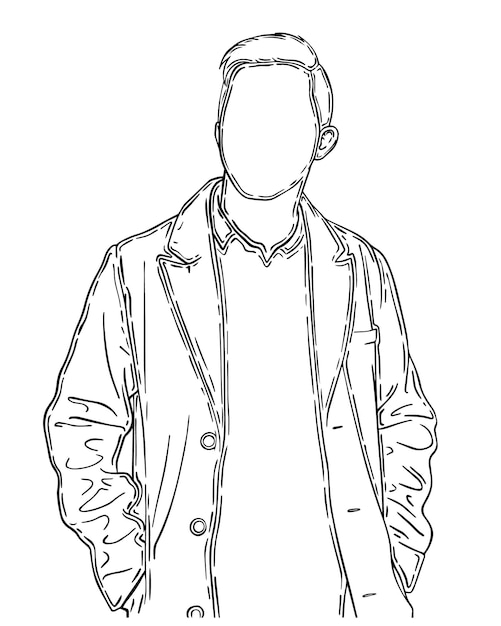 Vector young guy with short hair in a jacket and an unbuttoned coat with buttons doodle linear