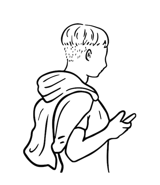 Молодой парень с короткими волосами с телефоном в руке мужчина линейная мультяшная книжка-раскраска