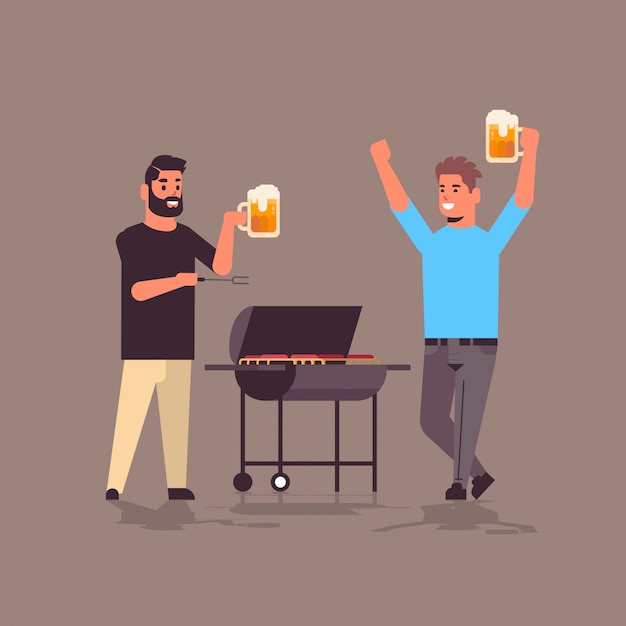 Vector young guys couple preparing meat on grill men drinking beer friends having fun picnic barbecue party concept flat full length