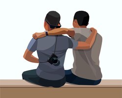 Young guys sit together, they are friends, the guy hugs the guy