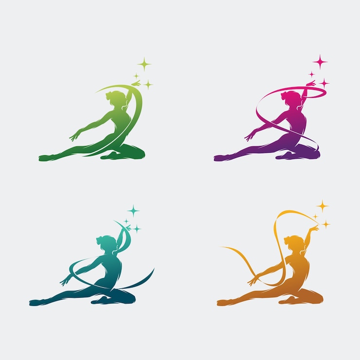 Vector 若い体操選手の女性がリボンのロゴで踊る