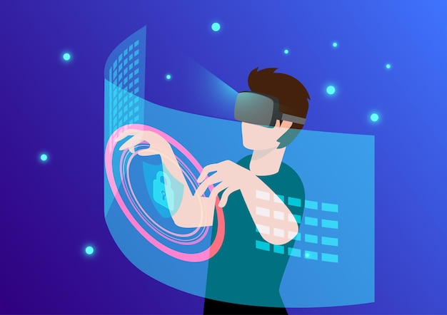 A young hacker wearing vr glasses stands to touch the interface in the virtual world future technology flat isometric vector illustration