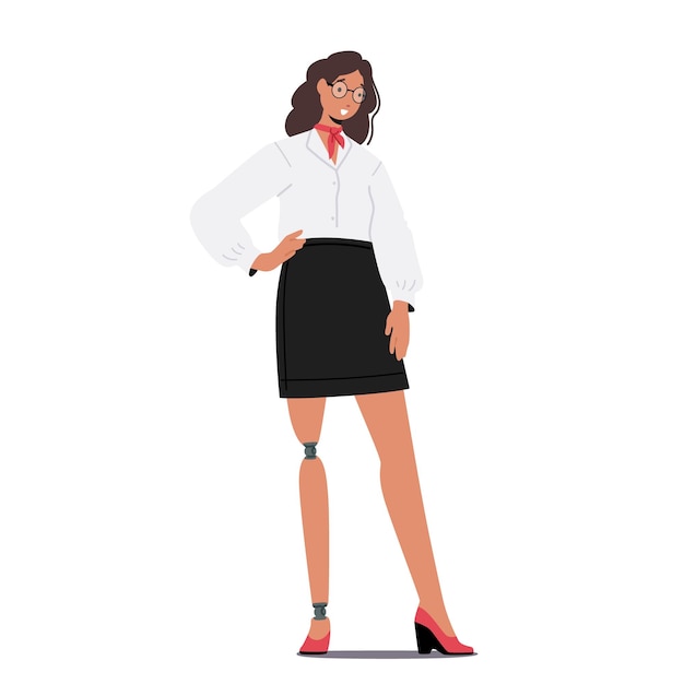 Vector young handicapped businesswoman with leg prosthesis female character in formal wear elegant blouse and black skirt