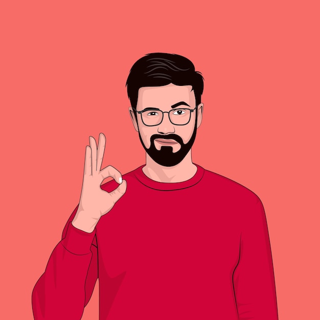 Vector young handsome beard man with glass and red tshirt flat cartoon vector illustration