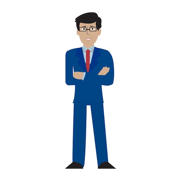 Vector young handsome businessman standing with crossed arms blue suit red tie and shirt front view