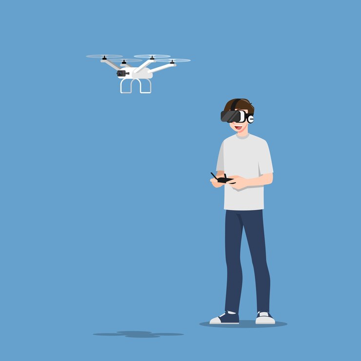 Vector young handsome man character wear vr glasses controlling a drone multi-copter with camera