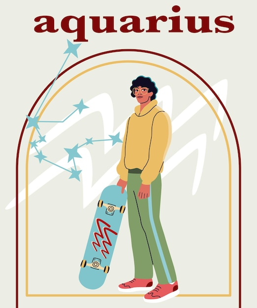 Vettore ritratto di giovane uomo bello fullheight guy holding skate board segno zodiacale acquario
