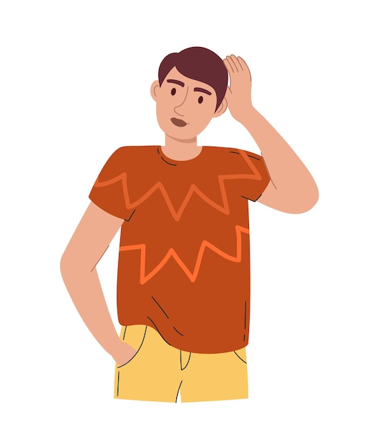 Vector a young handsome man holds his head solves the problem in a brown t-shirt yellow trousers vector