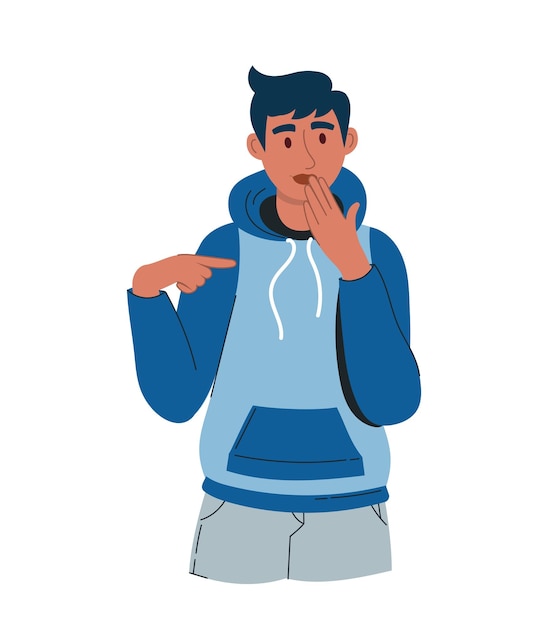 A young handsome man ponders the question and holds his chin In a blue hoodie grey trousers Vector