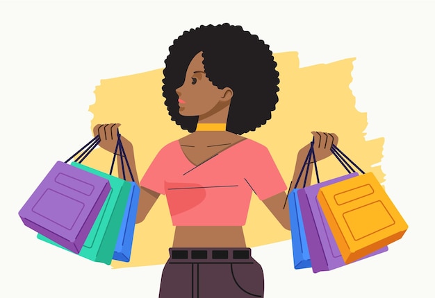 Vector young happiness joyful shopaholic stylish fashionable woman at retail mall store carrying shopping bags