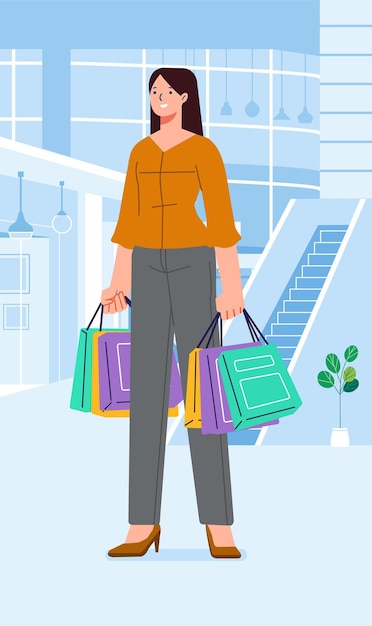 Vector young happiness joyful shopaholic stylish fashionable woman at retail mall store carrying shopping bags