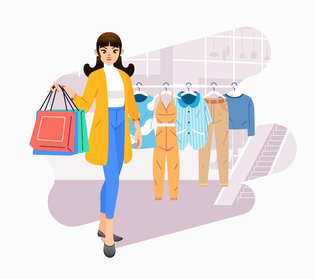 Vector young happiness joyful shopaholic stylish fashionable woman at retail mall store carrying shopping bags