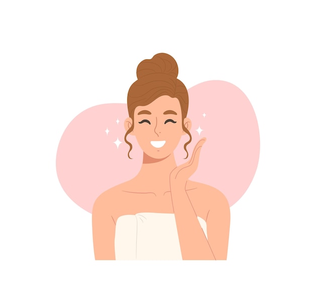 Vector young happy beautiful female smiling and wearing towel showing healthy facial skin beauty