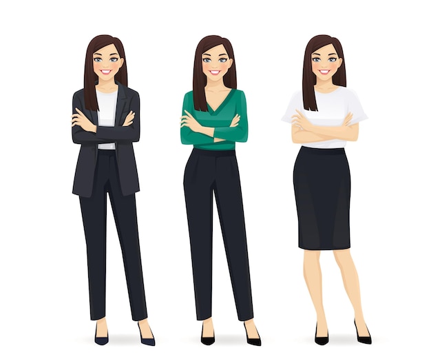 Young happy beautiful woman dressed in different business style clothes set isolated vector