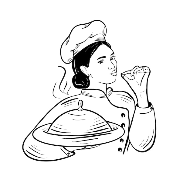 Young happy brunette chef in uniform holds a dish and shows that it is delicious.Vector