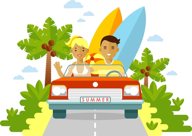 Young Happy Couple in Car Cabriolet on Tropical Background in Flat Style