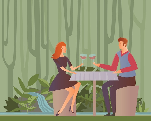 Vettore giovani coppie felici in una data. uomo e donna bevono vino a una cena romantica nella foresta della giungla. illustrazione, isolato su sfondo bianco.