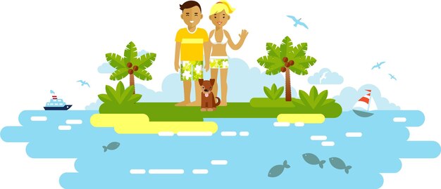 Young Happy Couple and Dog on Tropical Background in Flat Style