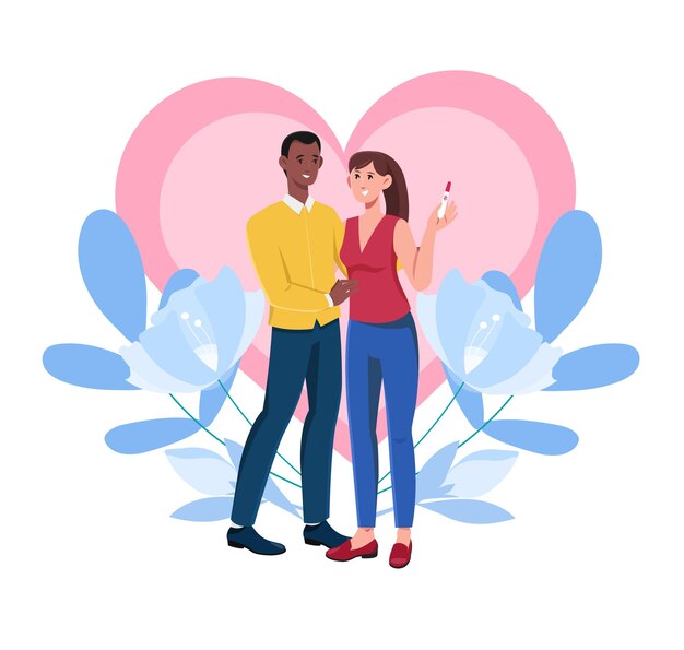 Young happy couple is holding positive pregnancy test male and female characters looking at