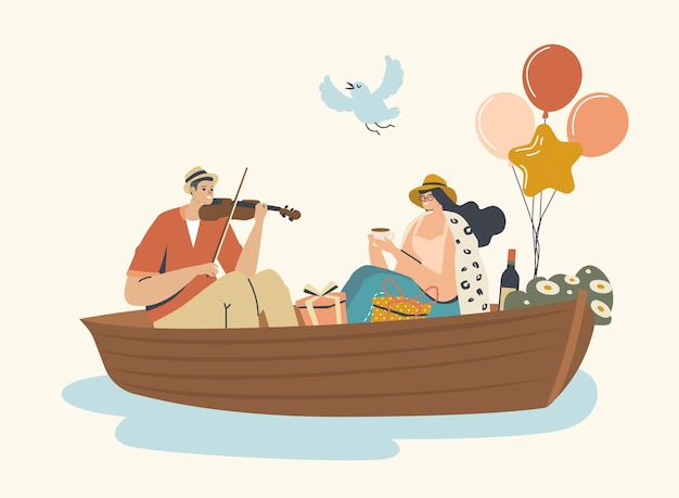 Giovane coppia felice uomo e donna che galleggia in barca sulla superficie dell'acqua