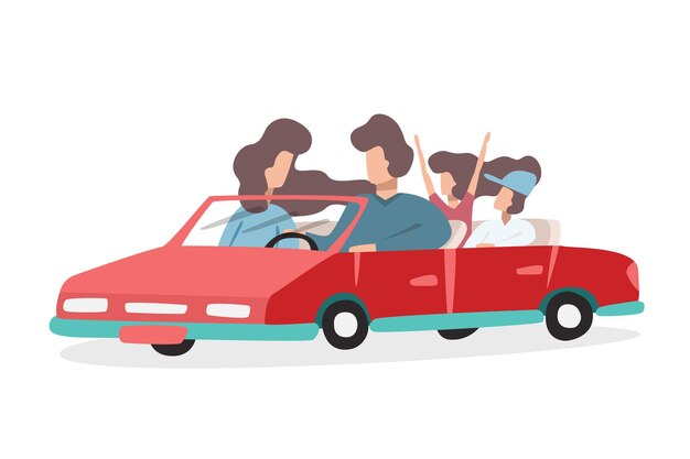 Vector young happy family is traveling on a red car dad and mom and their little children flat vector