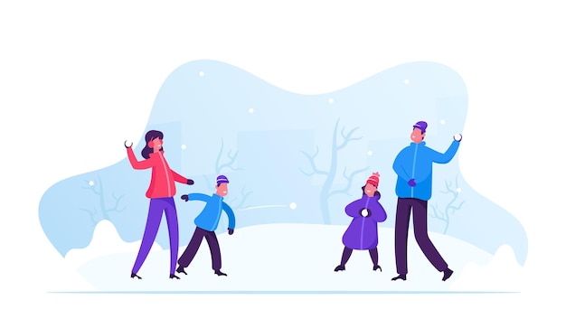 Vector young happy family of parents and kids playing snowball fight and having snow fun in winter day. cartoon flat  illustration