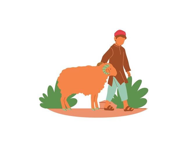 Вектор Молодой счастливый фермер с овцей плоская векторная иллюстрация на белом фоне дизайн усыновления животных