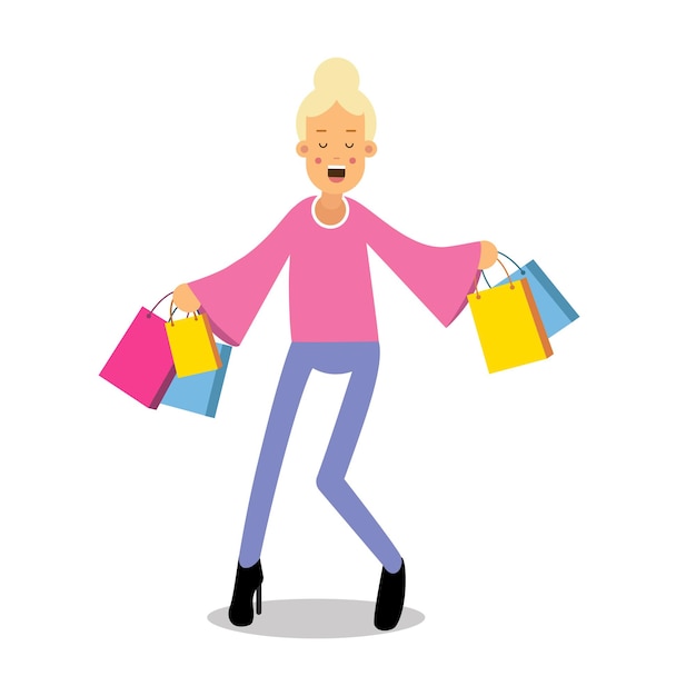 Vector young happy fashionable blond girl standing with purchases cartoon character vector illustration isolated on a white background