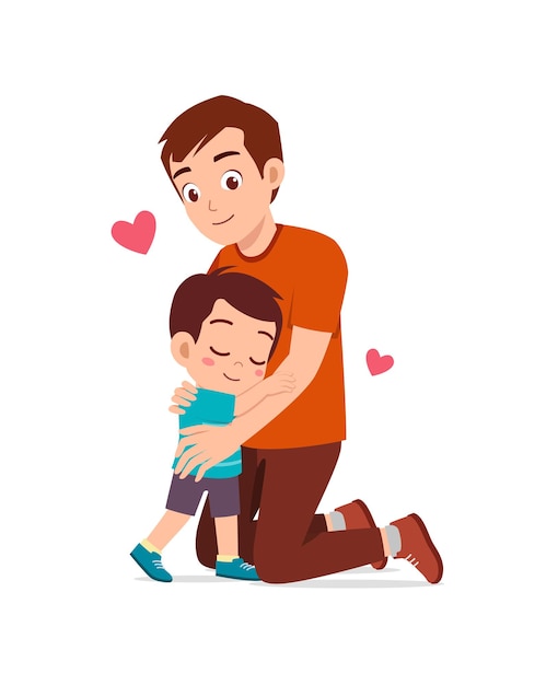 Vector young happy father hug cute little boy