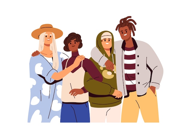Vector young happy friends portrait. international friendship concept. smiling interracial men and women, diverse people embracing, standing together. flat vector illustration isolated on white background.